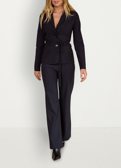 Studio Anneloes Sally mid waist flared fit broek van travelstof - voorkant 3 zwart