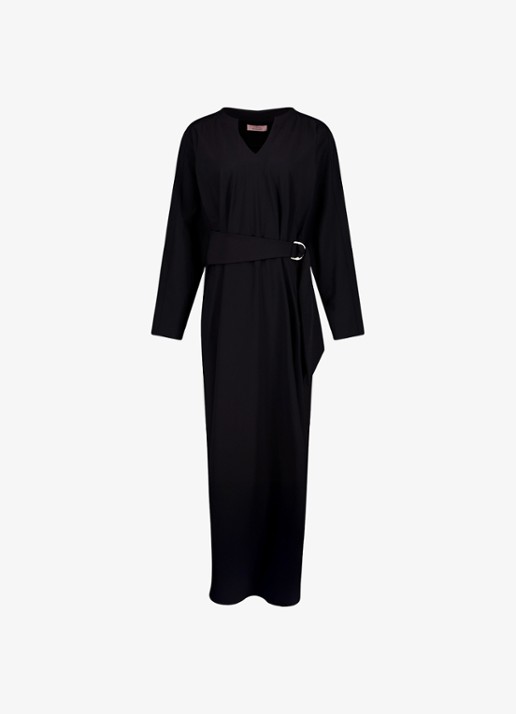 Studio Anneloes Stella midi jurk met ceintuur en V-hals - detail 4 zwart