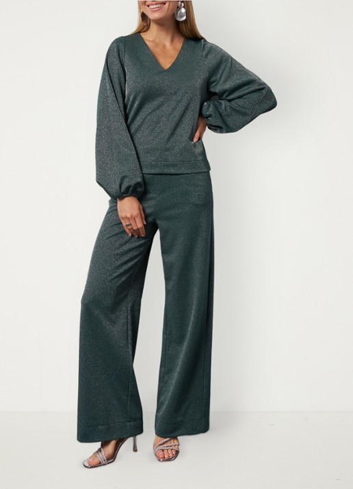 Studio Anneloes Sweater met V-hals en lurex - voorkant 4 donkergroen