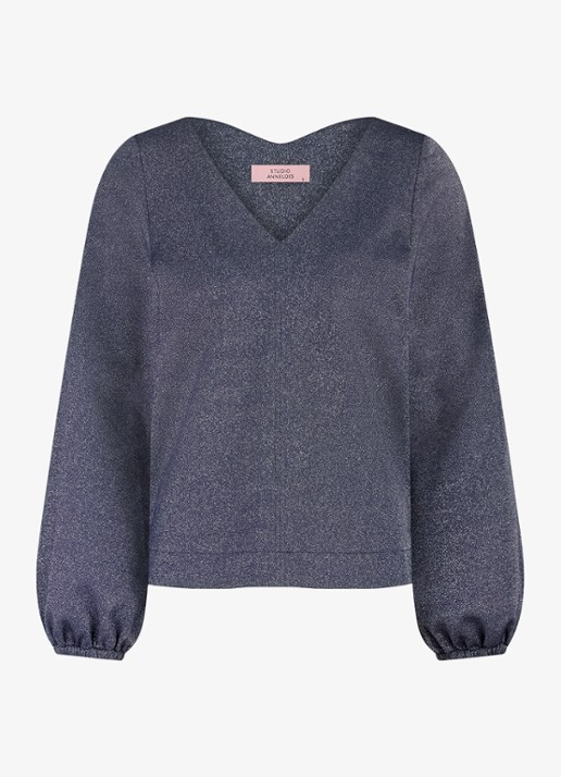 Studio Anneloes Sweater met V-hals en lurex - voorkant blauwgrijs
