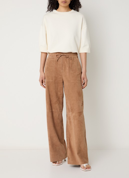 STUDIO AR Nadia high waist straight fit broek van geitenleer - voorkant 4 lichtbruin