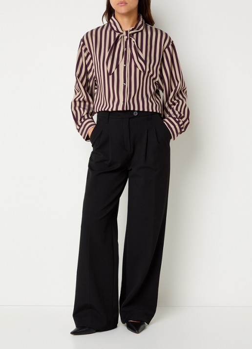 Summum Blouse van satijn met streepprint - voorkant 2 bruin