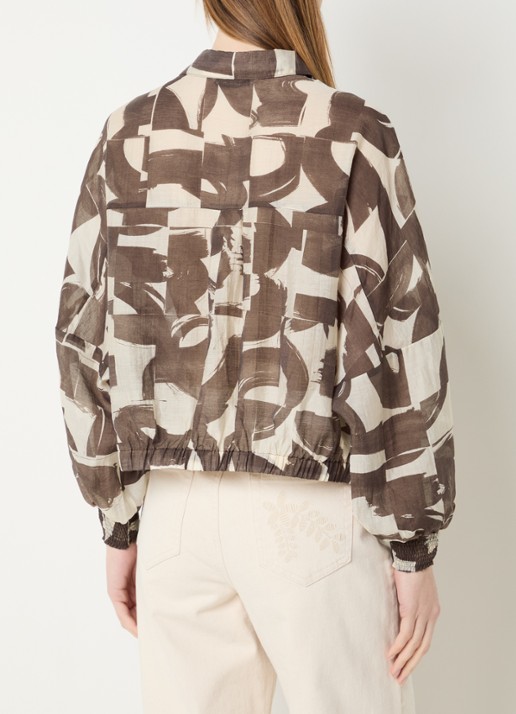 Summum Cropped blouse met grafische print en pofmouw - achterkant 2 donkerbruin