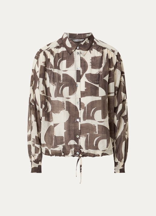 Summum Cropped blouse met grafische print en pofmouw - voorkant 3 donkerbruin