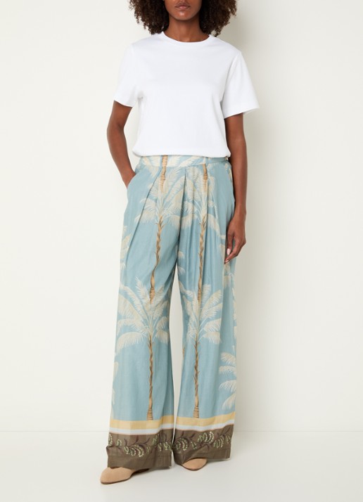 Summum High waist wide fit palazzobroek met print en steekzakken - voorkant 3 blauw