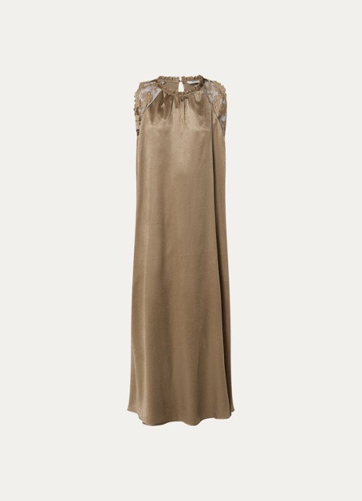 Summum Maxi jurk van satijn met broderie  - voorkant zand