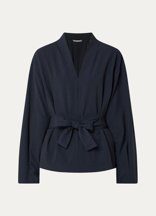 Summum Top met strikceintuur en streepprint - voorkant donkerblauw