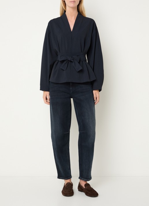 Summum Top met strikceintuur en streepprint - voorkant 2 donkerblauw