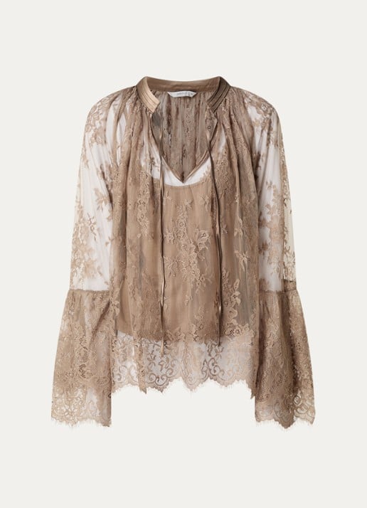Summum Top van mesh met strikkraag - voorkant 3 taupe