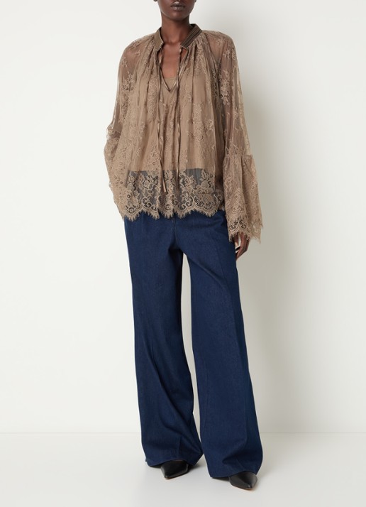 Summum Top van mesh met strikkraag - voorkant 4 taupe