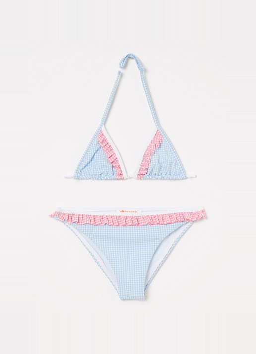 Sundek Bikini met ruitdessin en ruches - voorkant lichtblauw