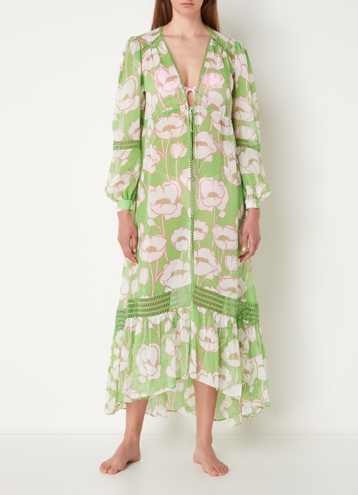 Ted Baker Elisiia maxi strandjurk met bloemenprint en opengewerkt dessin - detail 3 groen