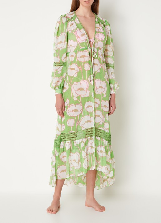 Ted Baker Elisiia maxi strandjurk met bloemenprint en opengewerkt dessin - voorkant 2 groen