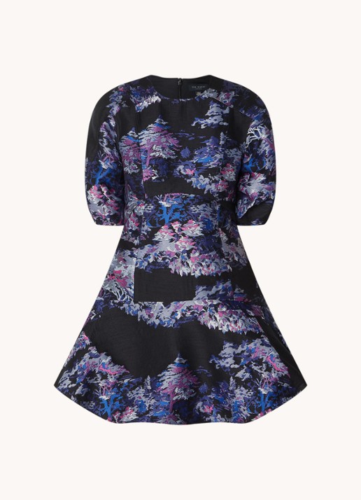 Ted Baker Midi A-lijn jurk met jacquard dessin en ballonmouw - voorkant zwart