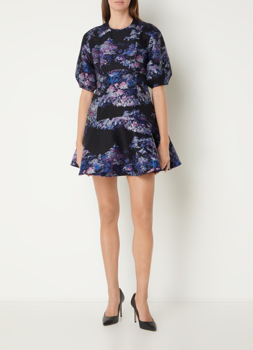 Ted Baker Midi A-lijn jurk met jacquard dessin en ballonmouw - voorkant 2 zwart