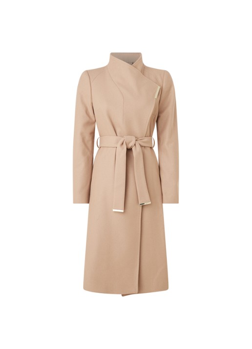 Ted Baker Rose mantel in kasjmierblend met strikceintuur - voorkant 2 camel