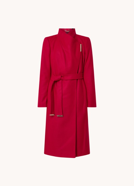 Ted Baker Rose mantel in kasjmierblend met strikceintuur - voorkant donkerroze