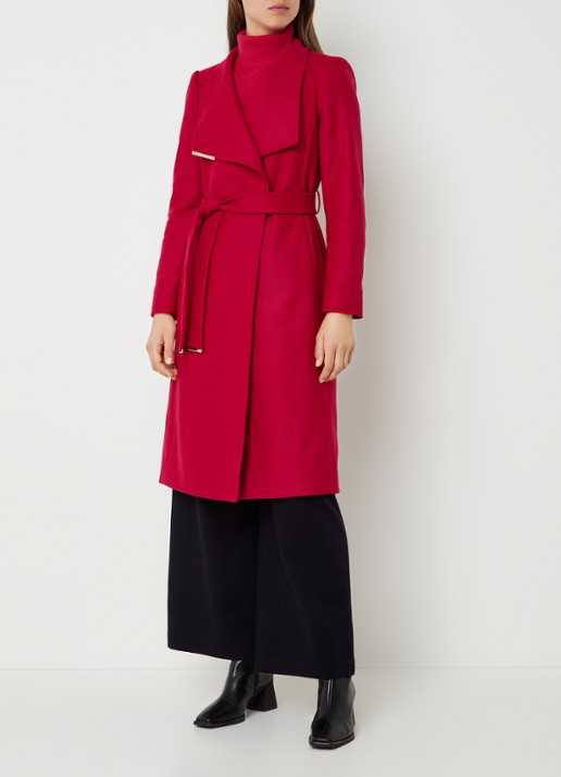 Ted Baker Rose mantel in kasjmierblend met strikceintuur - voorkant 2 donkerroze