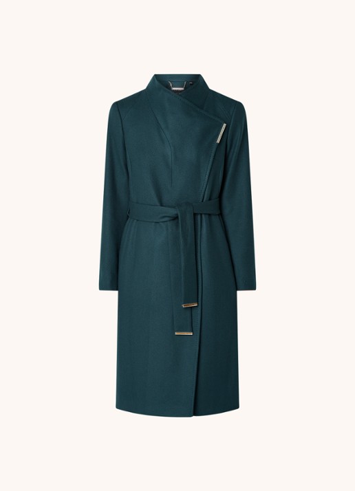 Ted Baker Rose mantel in kasjmierblend met strikceintuur - voorkant 2 petrol