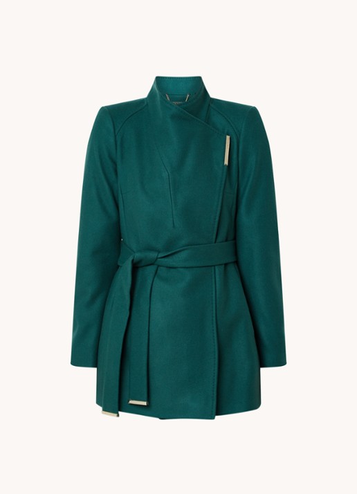 Ted Baker Rosess mantel in kasjmierblend met strikceintuur - voorkant donkergroen