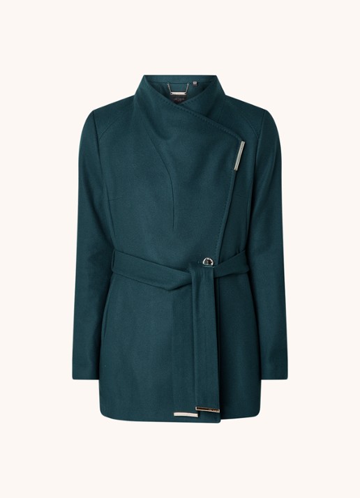 Ted Baker Rosess mantel in kasjmierblend met strikceintuur - voorkant 4 petrol