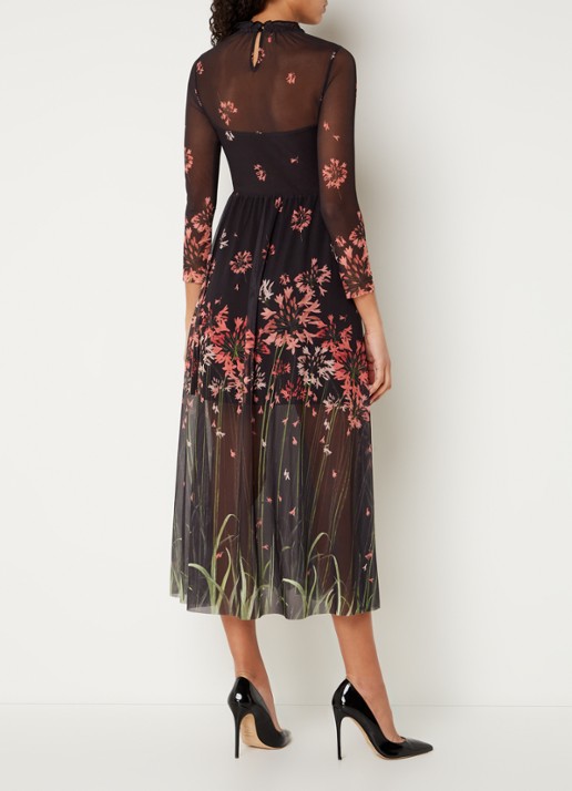 Ted Baker Susenaa midi jurk van mesh met bloemenprint - achterkant 4 zwart
