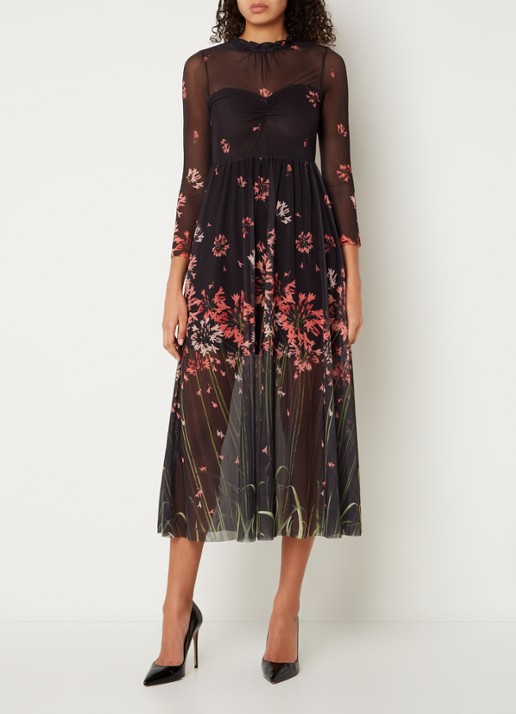 Ted Baker Susenaa midi jurk van mesh met bloemenprint - detail 3 zwart