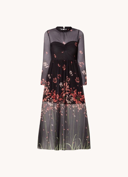 Ted Baker Susenaa midi jurk van mesh met bloemenprint - voorkant zwart