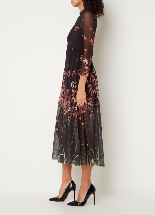 Ted Baker Susenaa midi jurk van mesh met bloemenprint - voorkant 2 zwart
