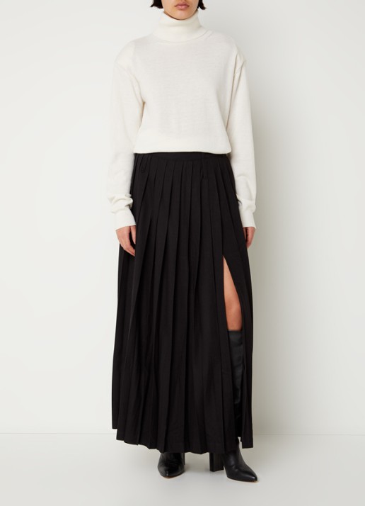The Frankie Shop Bailey maxi plooirok in wolblend met split  - voorkant 4 zwart