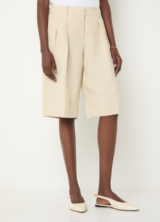 The Frankie Shop Bilbao high waist wide fit korte pantalon in linnenblend - detail beige