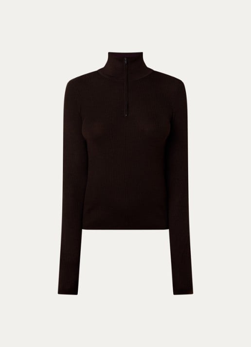 The Frankie Shop Sade fijngebreide pullover in wolblend met halve rits - voorkant 4 donkerbruin