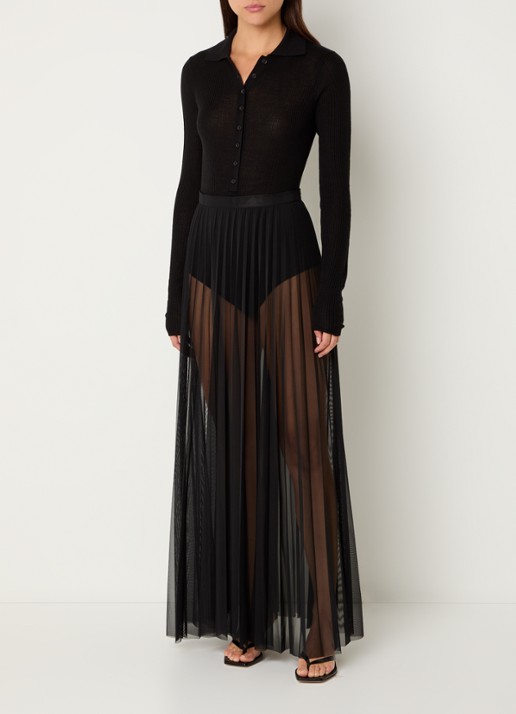 The Frankie Shop Vallen midi rok met plissé van mesh - voorkant 4 zwart