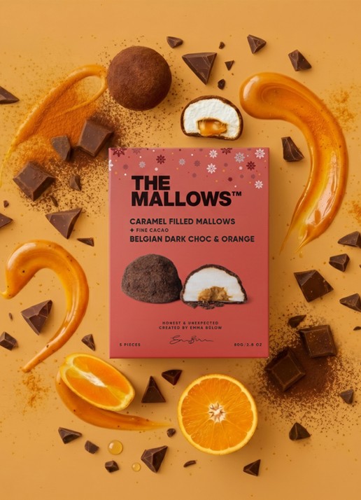 The Mallows Caramel-filled Mallows, Orange Dark Chocolate 80 gram - voorkant 2 beige