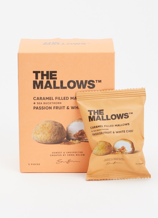 The Mallows Caramel Filled Mallows passievrucht en witte chocolade 80 gram - voorkant 2 oranje