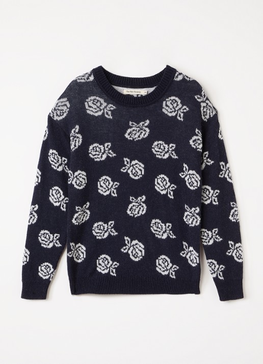 The New Society Fleckers grofgebreide trui met ingebreid patroon - voorkant 2 donkerblauw