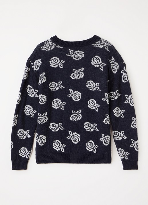 The New Society Fleckers grofgebreide trui met ingebreid patroon - voorkant 3 donkerblauw