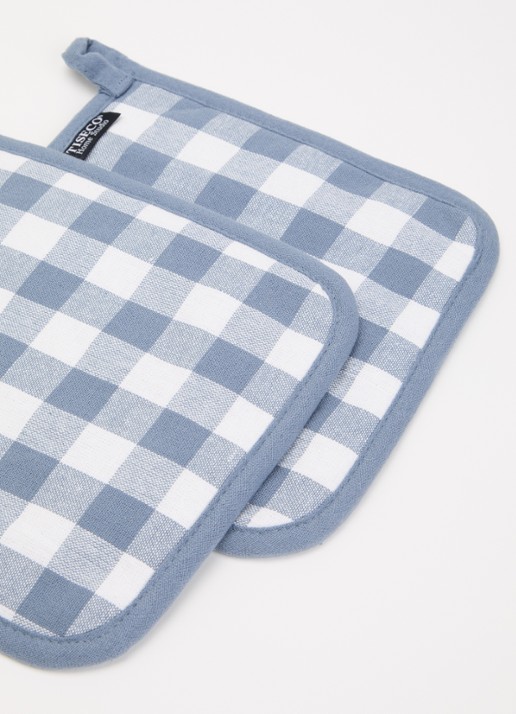 Tiseco Gingham pannenlap set van 2 - voorkant 2 staalblauw