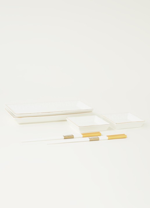 Tokyo Design Studio Nippon White Gold Rim sushi serviesset met eetstokjes 4-delig - voorkant 2 wit