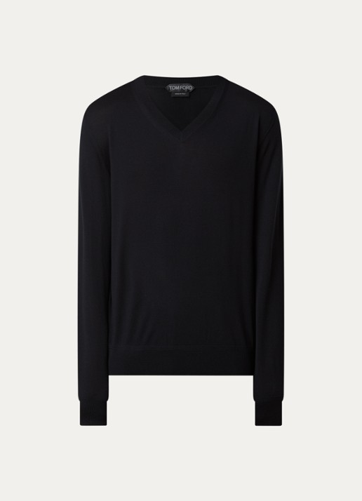 TOM FORD Fijngebreide pullover van wol met V-hals  - voorkant 3 zwart