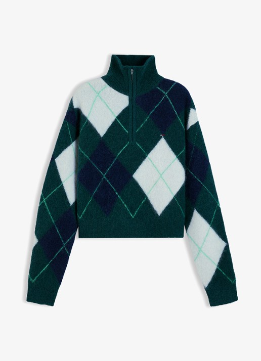 Tommy Hilfiger Alpaca Blend Fluffy Cropped Quarter-Zip Jumper - voorkant 3 petrol