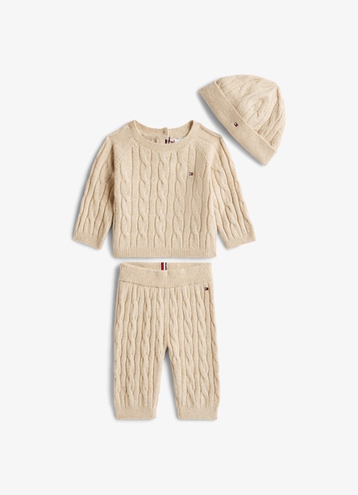 Tommy Hilfiger Babyset met trui, broek en muts 3-delig - voorkant beige