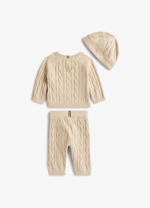 Tommy Hilfiger Babyset met trui, broek en muts 3-delig - voorkant 2 beige