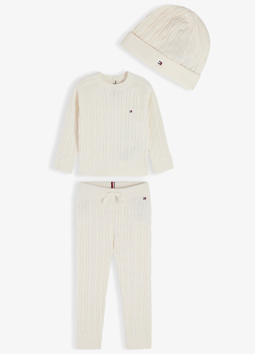 Tommy Hilfiger Babyset met trui, broek en muts 3-delig - voorkant 4 ivoor