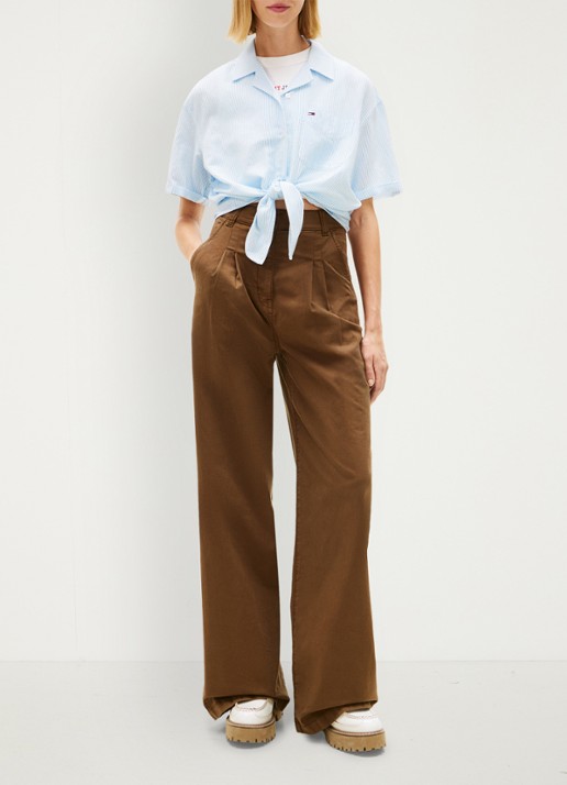 Tommy Hilfiger Cropped blouse in linnenblend met streepprint - voorkant 5 lichtblauw