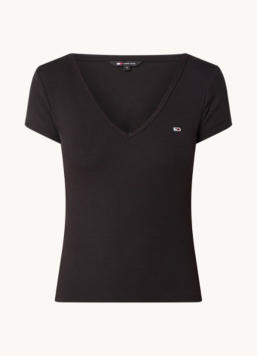 Tommy Hilfiger Fijngebreid T-shirt met logo - voorkant 3 zwart