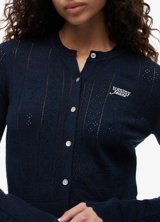 Tommy Hilfiger Fijngebreid vest met opengewerkt dessin - detail 3 donkerblauw