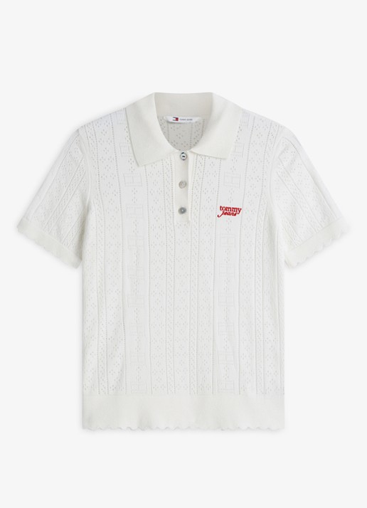 Tommy Hilfiger Fijngebreide polo met opengewerkt dessin - voorkant 4 gebroken wit