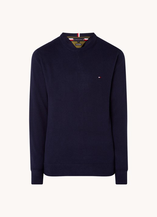 Tommy Hilfiger Fijngebreide pullover in kasjmierblend met logoborduring - voorkant donkerblauw