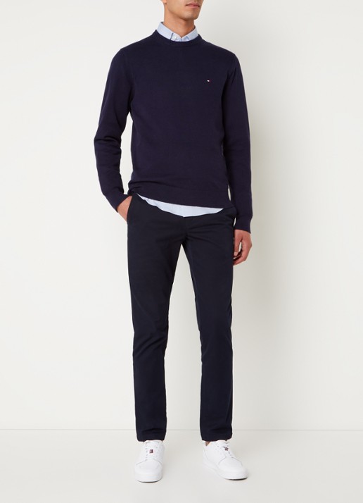 Tommy Hilfiger Fijngebreide pullover in kasjmierblend met logoborduring - voorkant 2 donkerblauw
